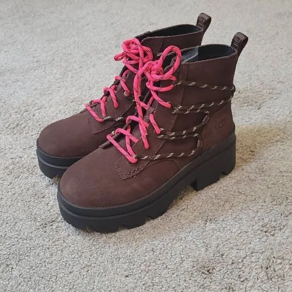 UGG BRISBANE LACE-UP WATERPROOF SUEDE PLATFORM BOOTS SIZE 8.5