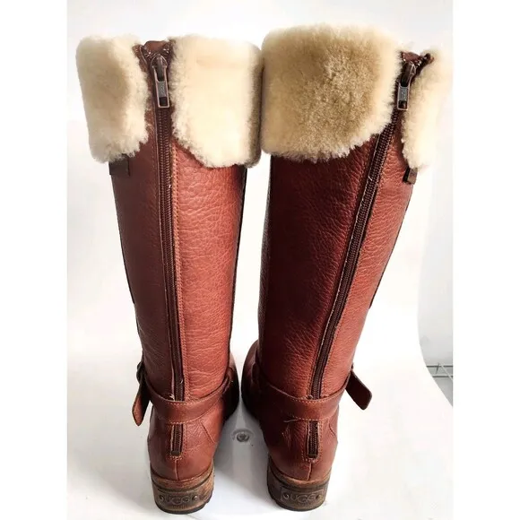 Ugg Langley Knee High 5608 Brown Sheepskin Up Size 8 Shearling Trim Winter Boots