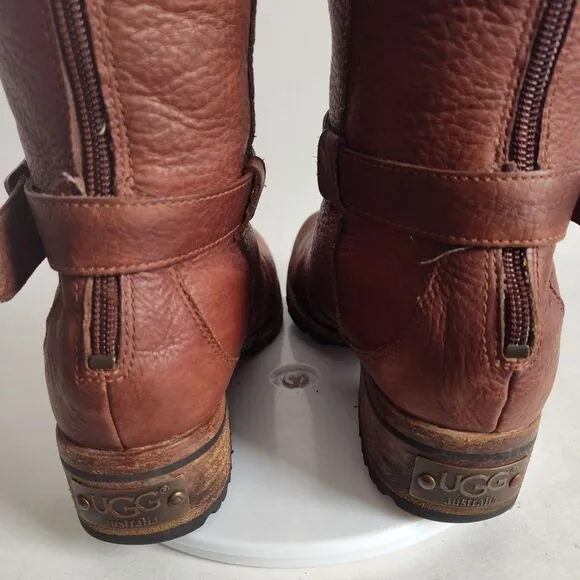 Ugg Langley Knee High 5608 Brown Sheepskin Up Size 8 Shearling Trim Winter Boots