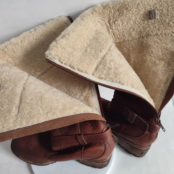 Ugg Langley Knee High 5608 Brown Sheepskin Up Size 8 Shearling Trim Winter Boots
