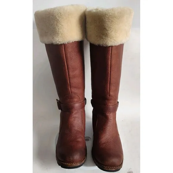 Ugg Langley Knee High 5608 Brown Sheepskin Up Size 8 Shearling Trim Winter Boots