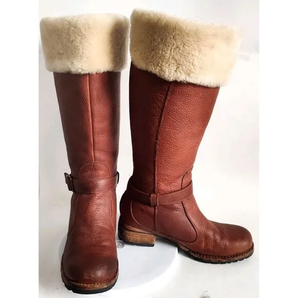 Ugg Langley Knee High 5608 Brown Sheepskin Up Size 8 Shearling Trim Winter Boots