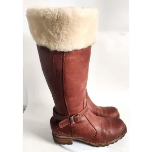 Ugg Langley Knee High 5608 Brown Sheepskin Up Size 8 Shearling Trim Winter Boots