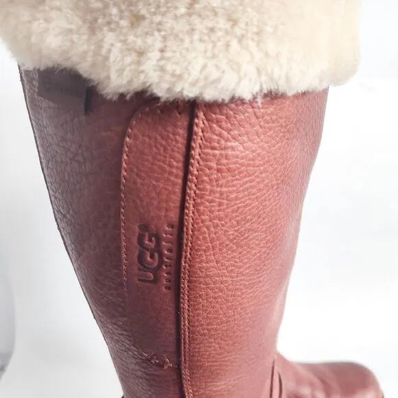Ugg Langley Knee High 5608 Brown Sheepskin Up Size 8 Shearling Trim Winter Boots