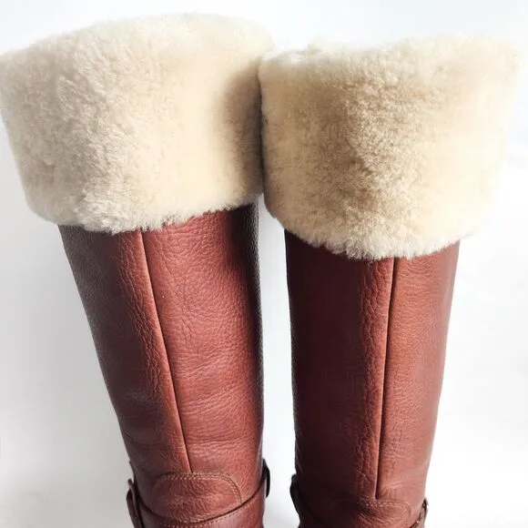 Ugg Langley Knee High 5608 Brown Sheepskin Up Size 8 Shearling Trim Winter Boots