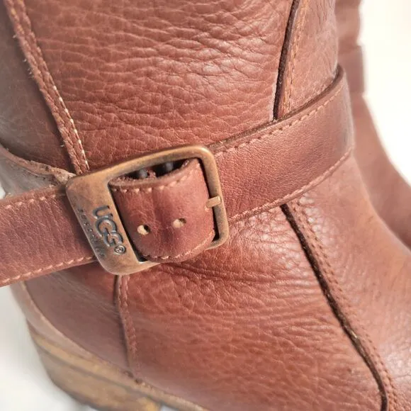 Ugg Langley Knee High 5608 Brown Sheepskin Up Size 8 Shearling Trim Winter Boots