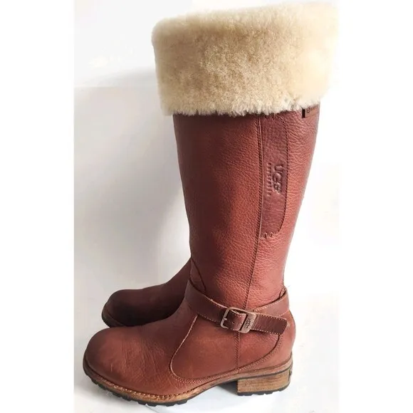 Ugg Langley Knee High 5608 Brown Sheepskin Up Size 8 Shearling Trim Winter Boots