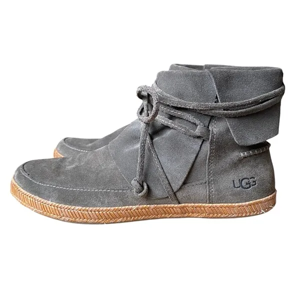 UGG Reid Green Sage Suede Lace Up Ankle Boots Moccasin - Size 7.5