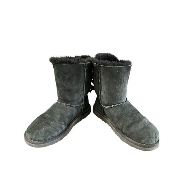 UGG Bailey Bow II Sheepskin Black Suede Winter Boots Women’s Size 6 Girls 5