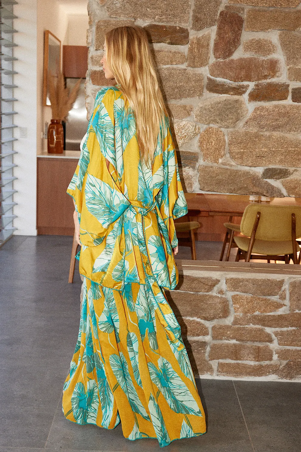 Valley Of Peace Silk Satin Kimono - Leaf