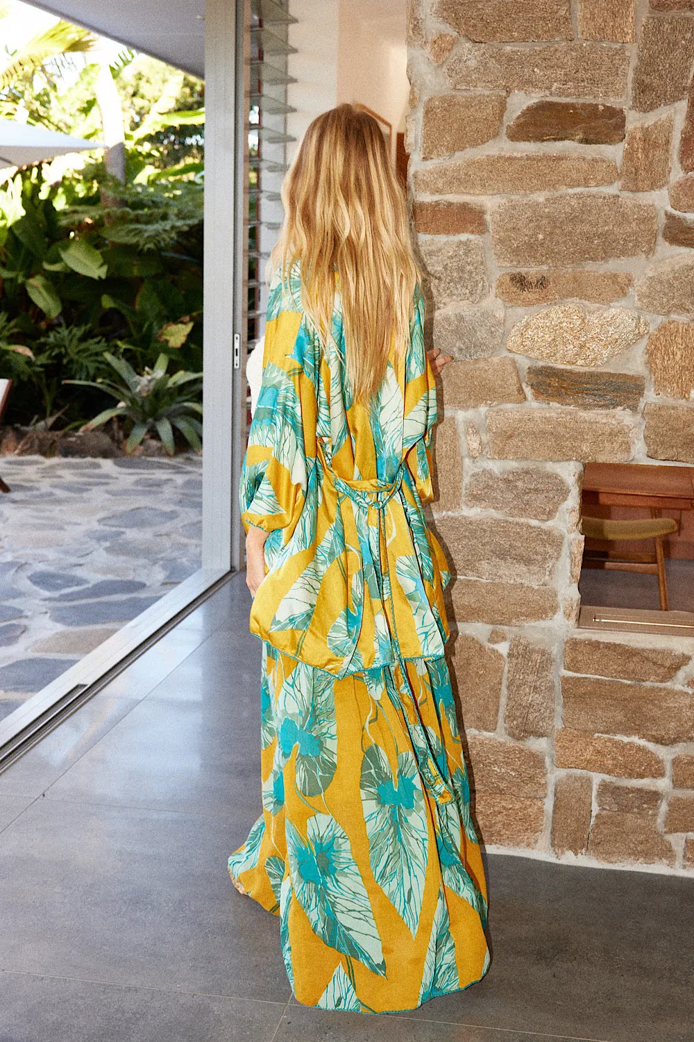 Valley Of Peace Silk Satin Kimono - Leaf