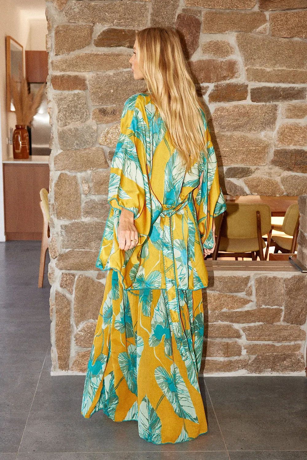 Valley Of Peace Silk Satin Kimono - Leaf