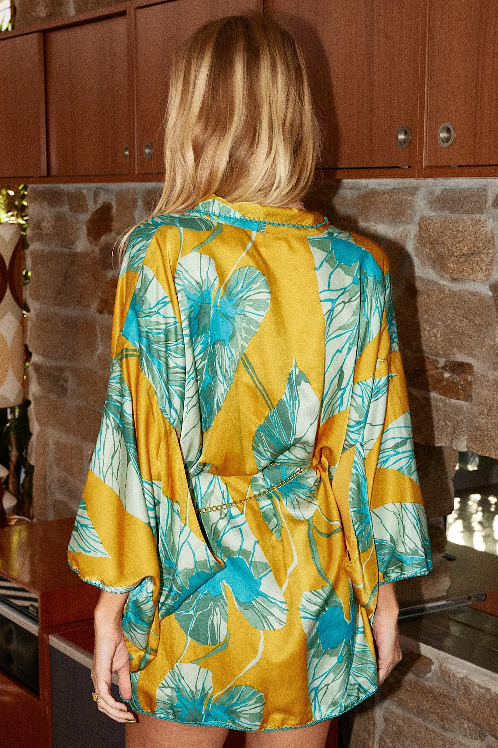 Valley Of Peace Silk Satin Kimono - Leaf