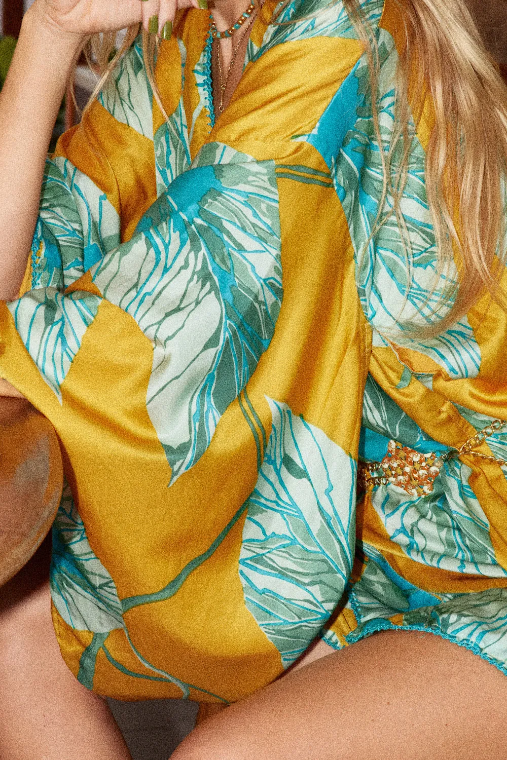 Valley Of Peace Silk Satin Kimono - Leaf