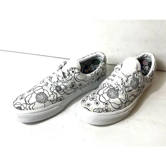 VANS Black White Floral Canvas Skater Shoes Men's 10.5 Low Top Lace Up Womens 12