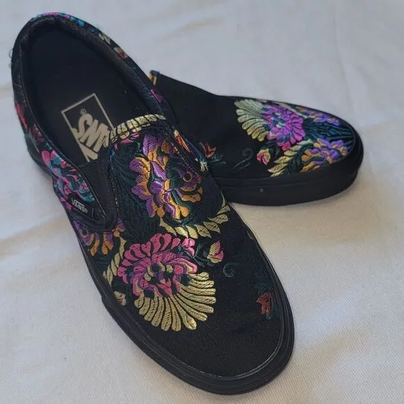 Vans Classic Slip-On Festival Satin Black Chinese New Year Skate Shoes Women 6.5