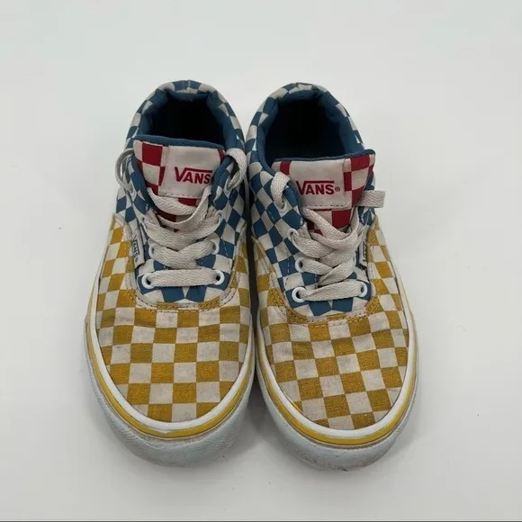 VANS Kids Dohney Checkered Skate Shoes Red/Yellow/Blue Lace Up size: Youth 2