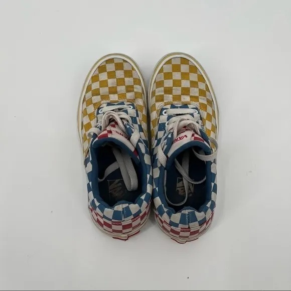 VANS Kids Dohney Checkered Skate Shoes Red/Yellow/Blue Lace Up size: Youth 2