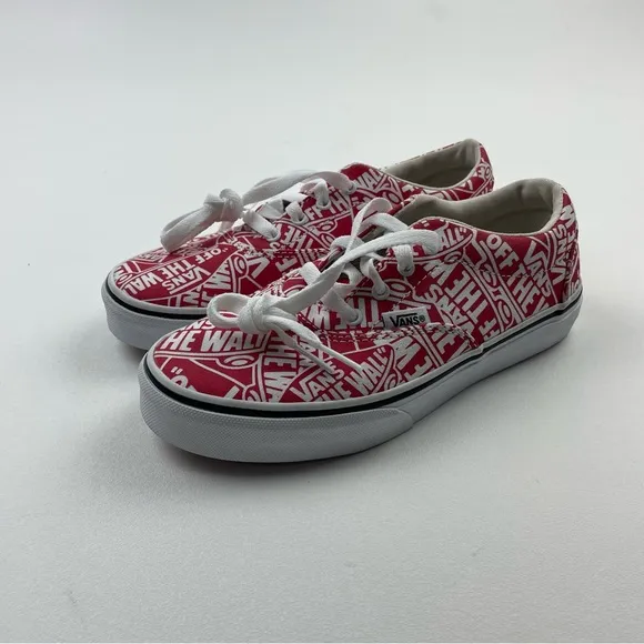 Vans Off The Wall Youth Kid Unisex Sz 3 White &amp; Red Print Skate Sneaker Shoes