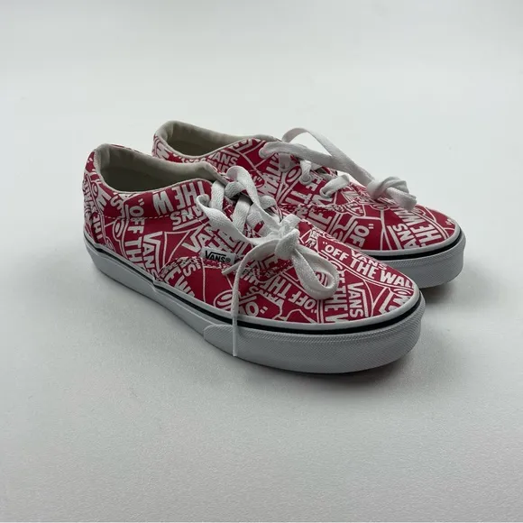 Vans Off The Wall Youth Kid Unisex Sz 3 White &amp; Red Print Skate Sneaker Shoes