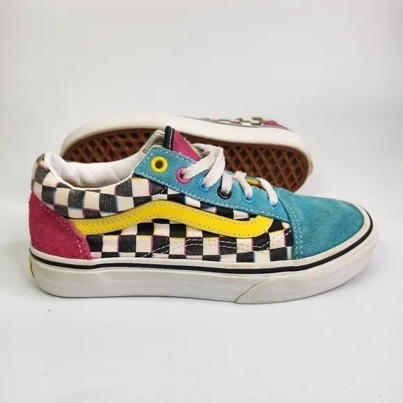 Vans Old Skool Kids 3Y Checkerboard Turquoise Black White Pink Skate Sne…