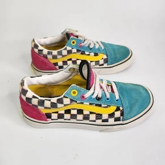 Vans Old Skool Kids 3Y Checkerboard Turquoise Black White Pink Skate Sne…