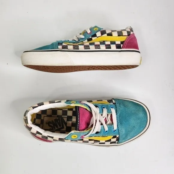 Vans Old Skool Kids 3Y Checkerboard Turquoise Black White Pink Skate Sne…
