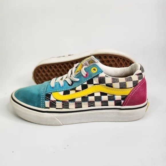 Vans Old Skool Kids 3Y Checkerboard Turquoise Black White Pink Skate Sne…