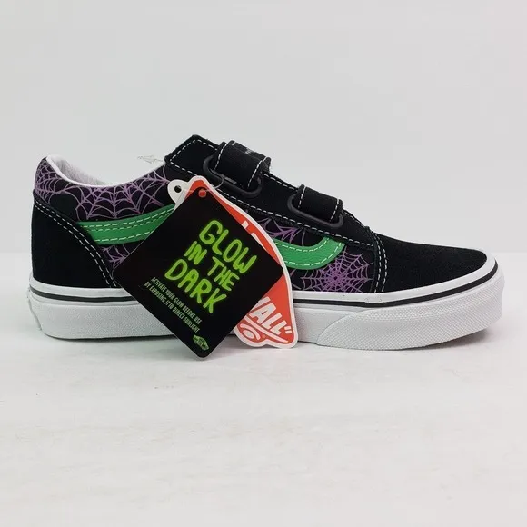Vans Old Skool V Youth Girls Size 2.5Y Glow Web Purple Spiderweb Skate Shoes