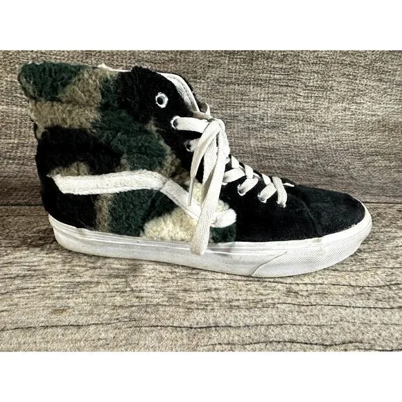 Vans Sk8-Hi Black Green Camo Sherpa Sneakers Men's 9 Women's 10.5 High Top Shoes