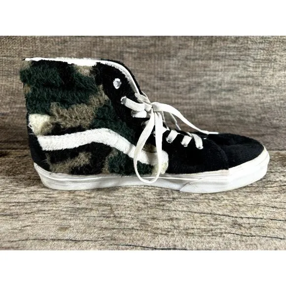 Vans Sk8-Hi Black Green Camo Sherpa Sneakers Men's 9 Women's 10.5 High Top Shoes