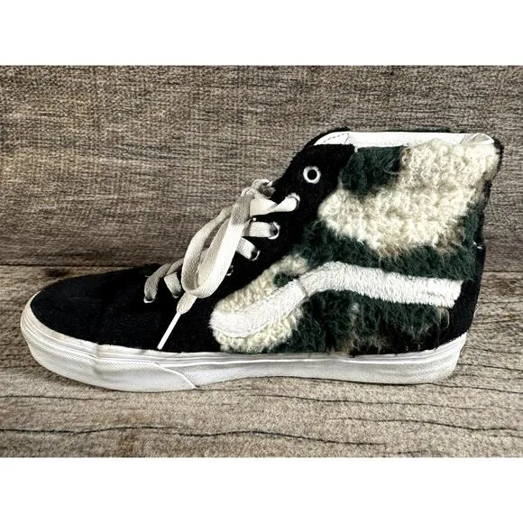 Vans Sk8-Hi Black Green Camo Sherpa Sneakers Men's 9 Women's 10.5 High Top Shoes