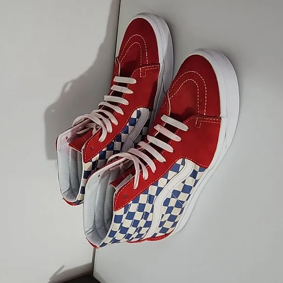 Vans SK8-HI checkered skate shoes  Men's 8 Women's 9.5 Red Blue White