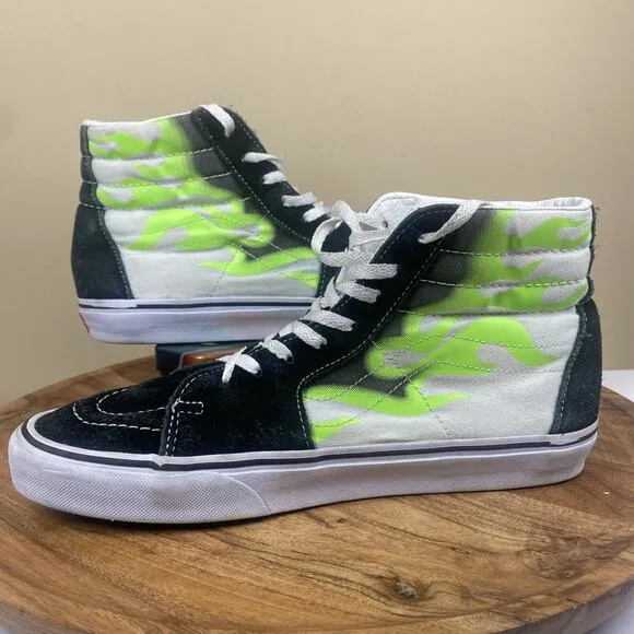 Vans Sk8 Hi Flame Black Mens White Green Flames Fire Size 9.5 High Top Shoes