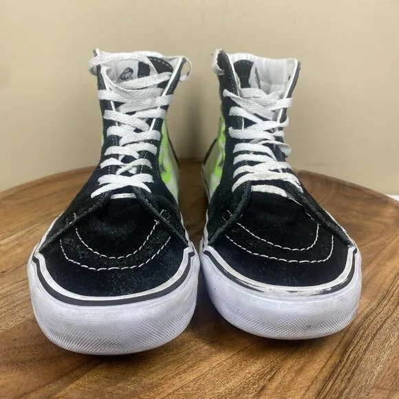 Vans Sk8 Hi Flame Black Mens White Green Flames Fire Size 9.5 High Top Shoes