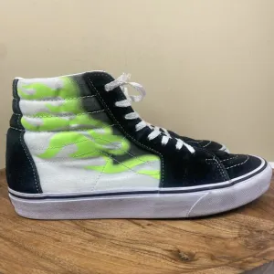 Vans Sk8 Hi Flame Black Mens White Green Flames Fire Size 9.5 High Top Shoes