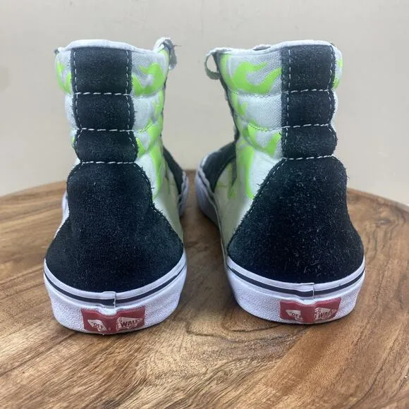 Vans Sk8 Hi Flame Black Mens White Green Flames Fire Size 9.5 High Top Shoes