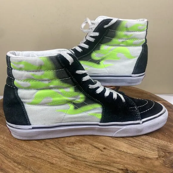 Vans Sk8 Hi Flame Black Mens White Green Flames Fire Size 9.5 High Top Shoes