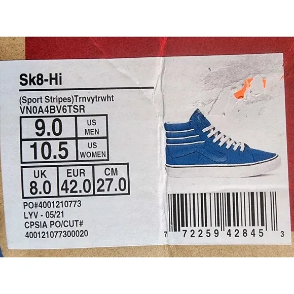 Vans SK8 Hi Sport Stripes True Navy Men's Classic Skate Shoes Size 9