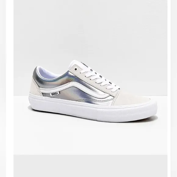 Vans Skate Old Skool Iridescent Silver &amp; True White Skate Shoes sz 7