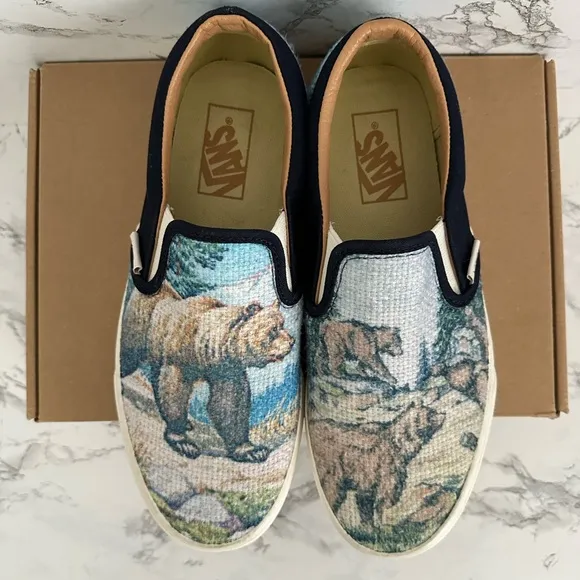 Vans Slip On Shoes Cali Tapestry Forest Bears Skate Sneakers Sz 6.5/ Women Sz 8