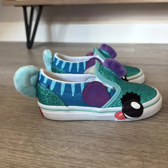Vans toddler kids sea fish Glitter Slip-On Shoes - Green and Blue