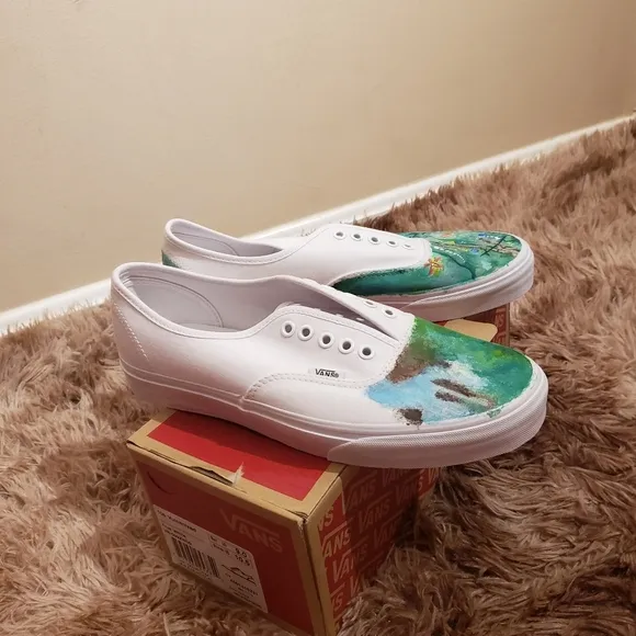 VANS True White and Green Authentic Canvas Skate Shoes