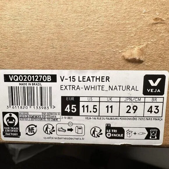 Veja V-15 Mens Size 11.5 Shoes Extra White/Natural High Top Leather Sneakers