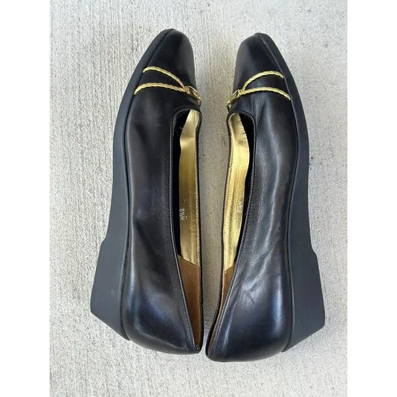 Vintage Bally Women’s 8.5M Black Patent Leather Wedges Cone Heels Ballet Shoes