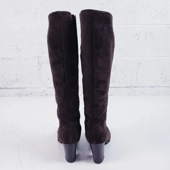 Vintage Brown Suede Sherpa Lined Chunky Heel Tall Boots Womens Size 6