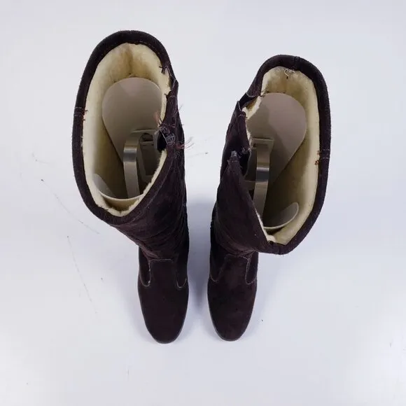 Vintage Brown Suede Sherpa Lined Chunky Heel Tall Boots Womens Size 6