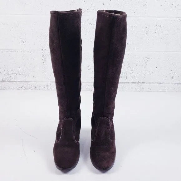 Vintage Brown Suede Sherpa Lined Chunky Heel Tall Boots Womens Size 6