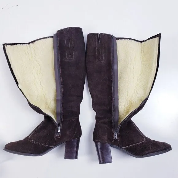 Vintage Brown Suede Sherpa Lined Chunky Heel Tall Boots Womens Size 6