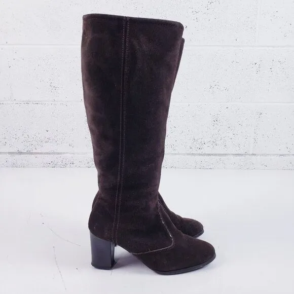 Vintage Brown Suede Sherpa Lined Chunky Heel Tall Boots Womens Size 6